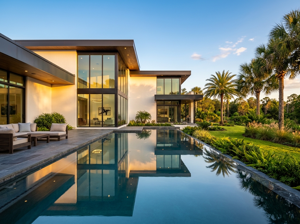 Contemporary white stucco home with floor-to-ceiling glass and an infinity pool at golden hour