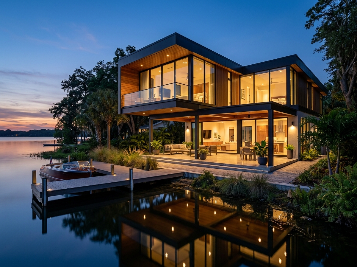 Contemporary lakefront home with a cantilevered upper floor, wood cladding and a dock at dusk