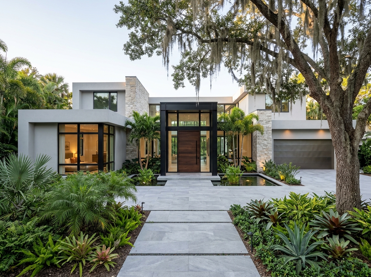 Contemporary home entrance with grey stucco, stone, black framed windows and a stone walkway through tropical landscaping