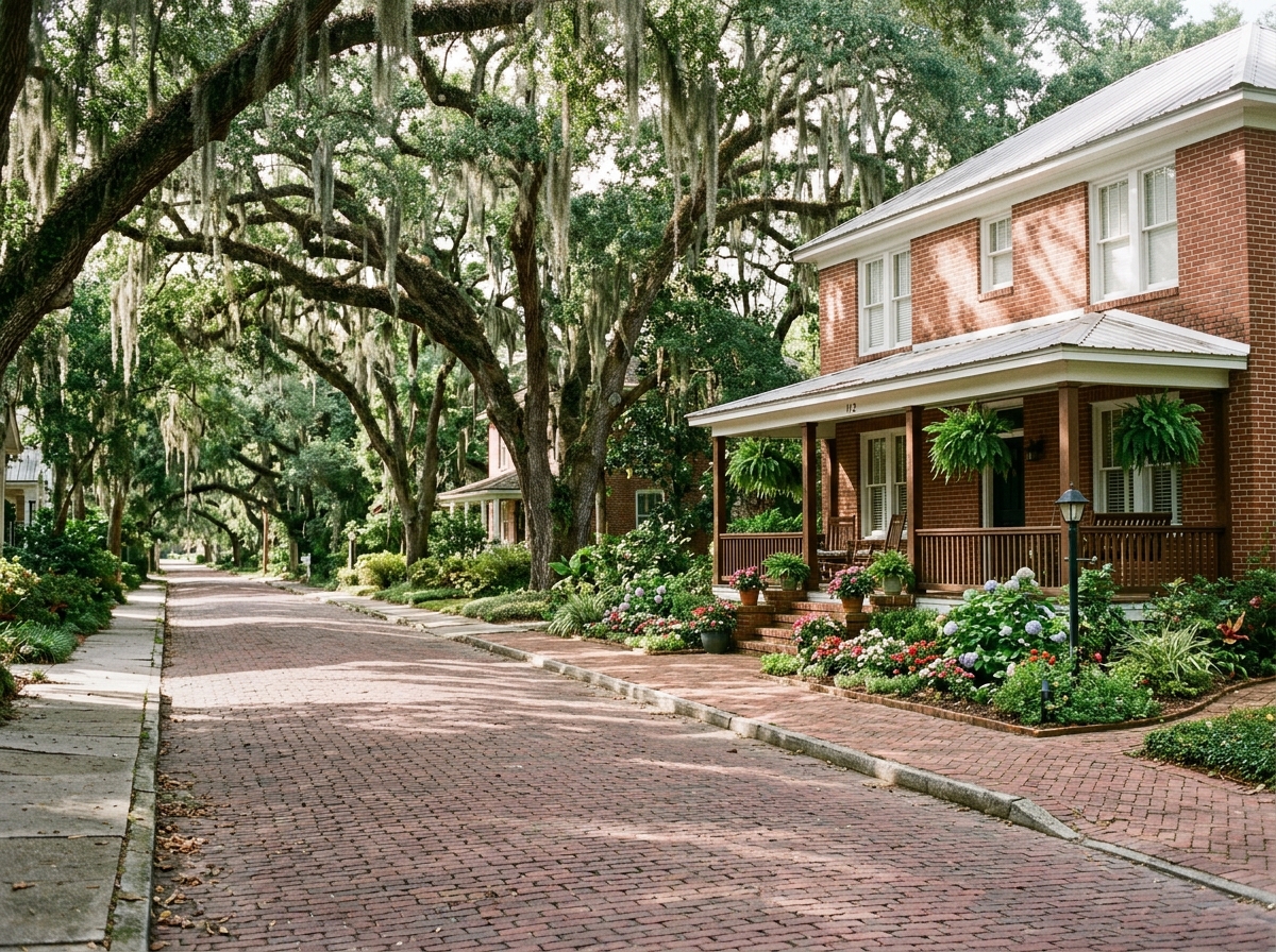 Brick street shaded by live oaks in a historic Florida town