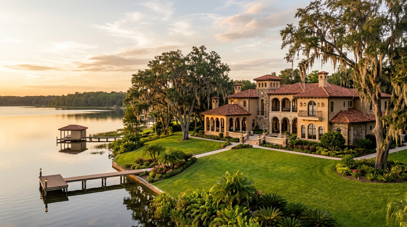 Lakefront estate home with a dock on a Central Florida lake at golden hour