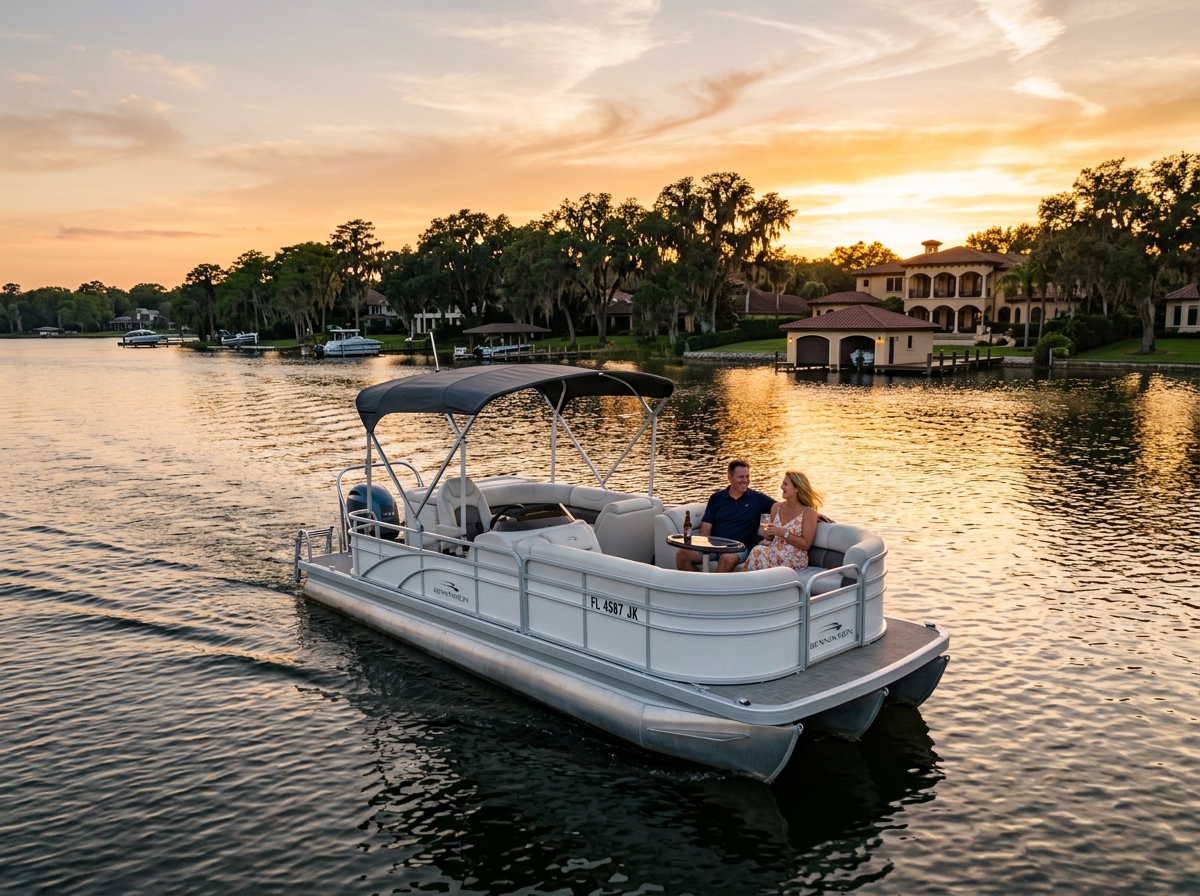Pontoon boat cruising past lakefront homes on a Central Florida lake at sunset