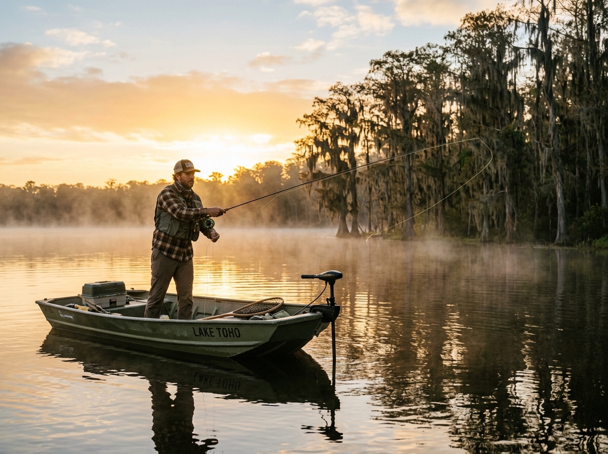Angler casting a fishing rod from a small boat on a misty Florida lake at dawn