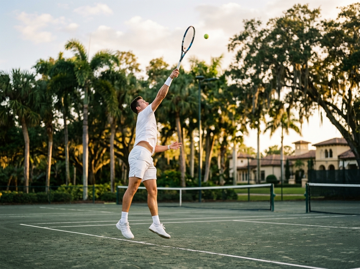 Tennis player serving on a hard court at a Florida country club