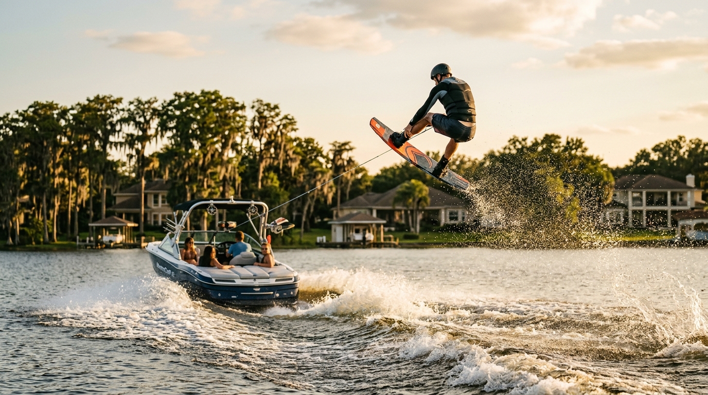 Wakeboarder jumping the wake behind a boat on a Central Florida lake, with lakefront homes along the shore