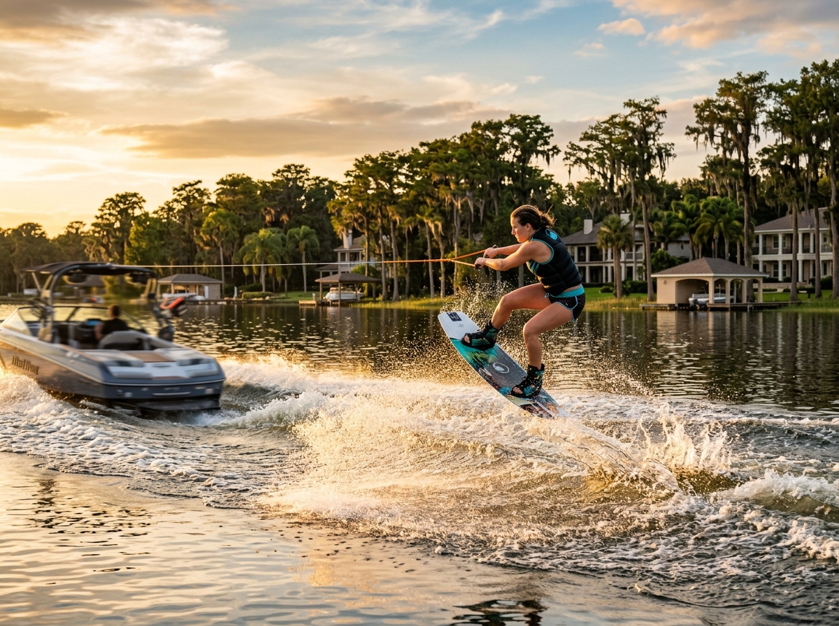 Wakeboarder launching off the wake behind a boat on a Central Florida lake