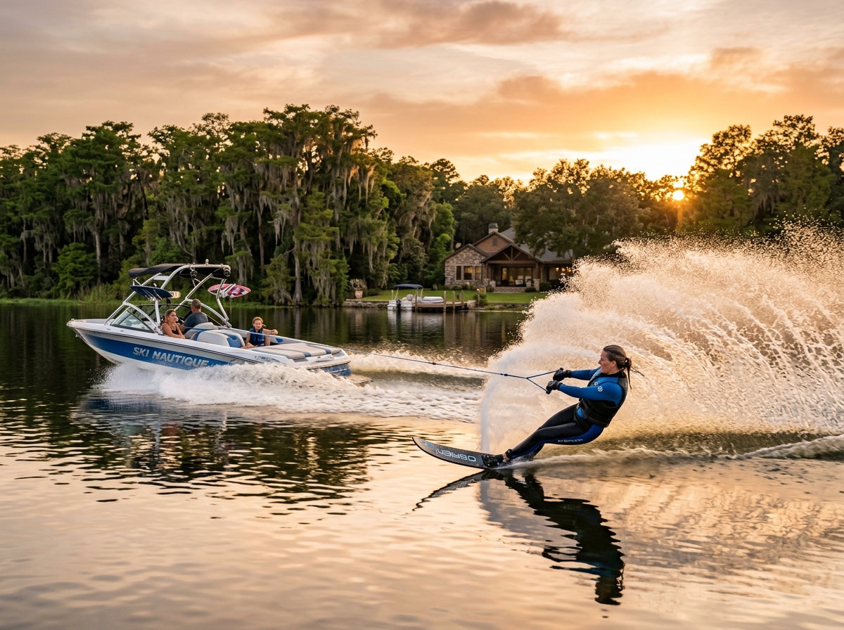 Water skier carving a turn behind a boat on a Central Florida lake at golden hour