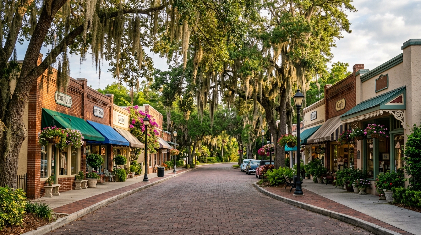 Historic downtown Mount Dora with brick storefronts and flower baskets on Donnelly Street
