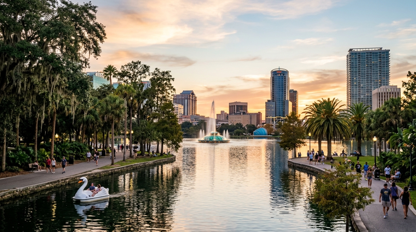 Lake Eola Park in downtown Orlando at sunset, with a fountain on the lake and the city skyline behind