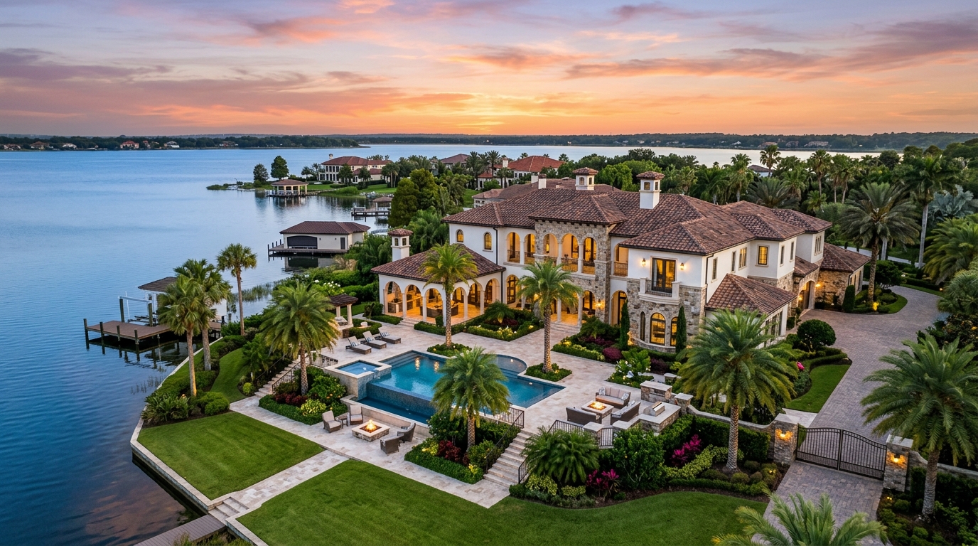 Windermere Isleworth luxury estate overlooking a chain lake at sunset