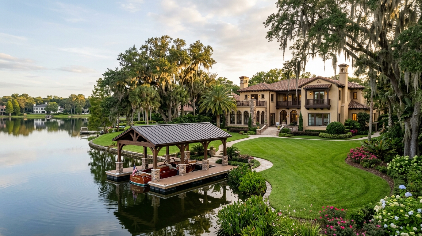 Winter Park lakefront estate with a boathouse and live oaks on a chain lake